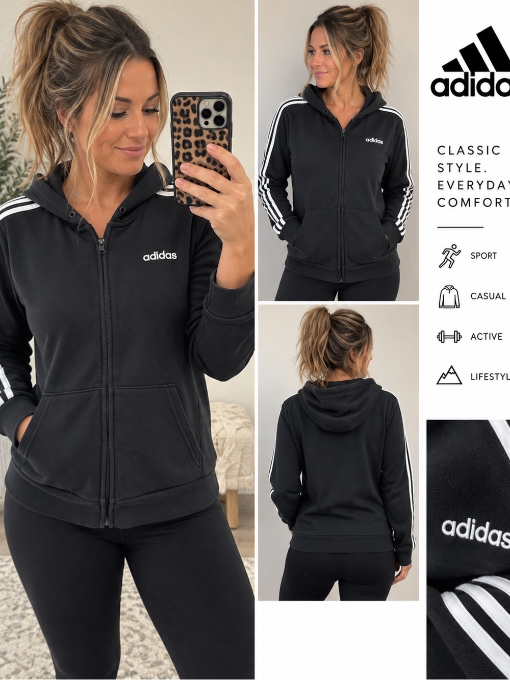 Adidas Women’s Large Black Full Zip Hoodie 3 Stripe Track Jacket Athletic
